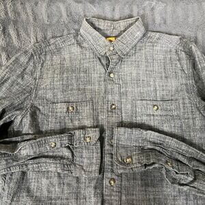 STAPLEFORD Workwear Mens Button Down Shirt Blue Chambray Linen Blend Size S‎